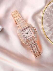 Đồng hồ thạch anh con trỏ vuông trang trí bằng đá rhinestone - Hoa hồng vàng - Xem 4