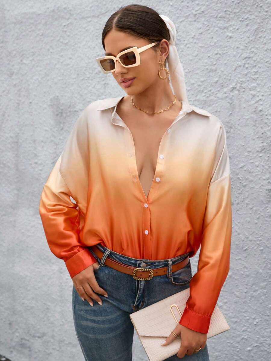 SHEIN Privé 漸層落肩袖前紐扣襯衫 - 彩色 - 查看 1