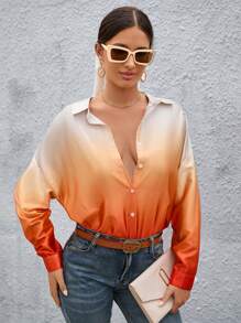 SHEIN Privé 漸層落肩袖前紐扣襯衫 - 彩色 - 查看 4