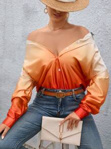 SHEIN Privé 漸層落肩袖前紐扣襯衫 - 彩色 - 查看 7