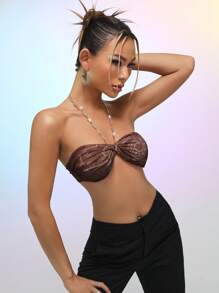 SHEIN ICON 佩斯利印花前繫帶掛脖上衣 - 棕色 - 查看 3