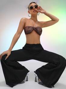 SHEIN ICON 佩斯利印花前繫帶掛脖上衣 - 棕色 - 查看 4