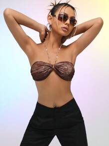 SHEIN ICON 佩斯利印花前繫帶掛脖上衣 - 棕色 - 查看 6