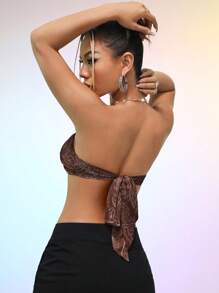 SHEIN ICON 佩斯利印花前繫帶掛脖上衣 - 棕色 - 查看 8