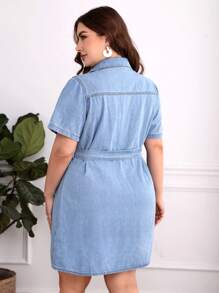大碼翻蓋口袋腰帶襯衫連衣裙 - 淺色水洗藍 - 查看 2