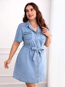 大碼翻蓋口袋腰帶襯衫連衣裙 - 淺色水洗藍 - 查看 4