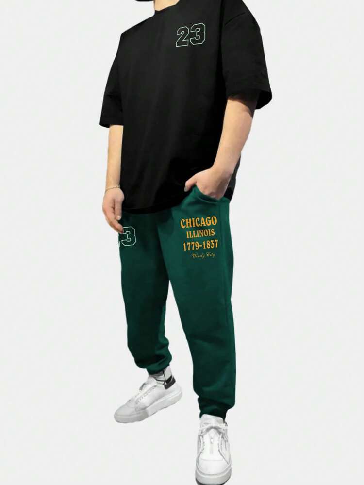 Aesthetic Post--Men Letter Graphic Tee & Drawstring Waist Sweatpants
