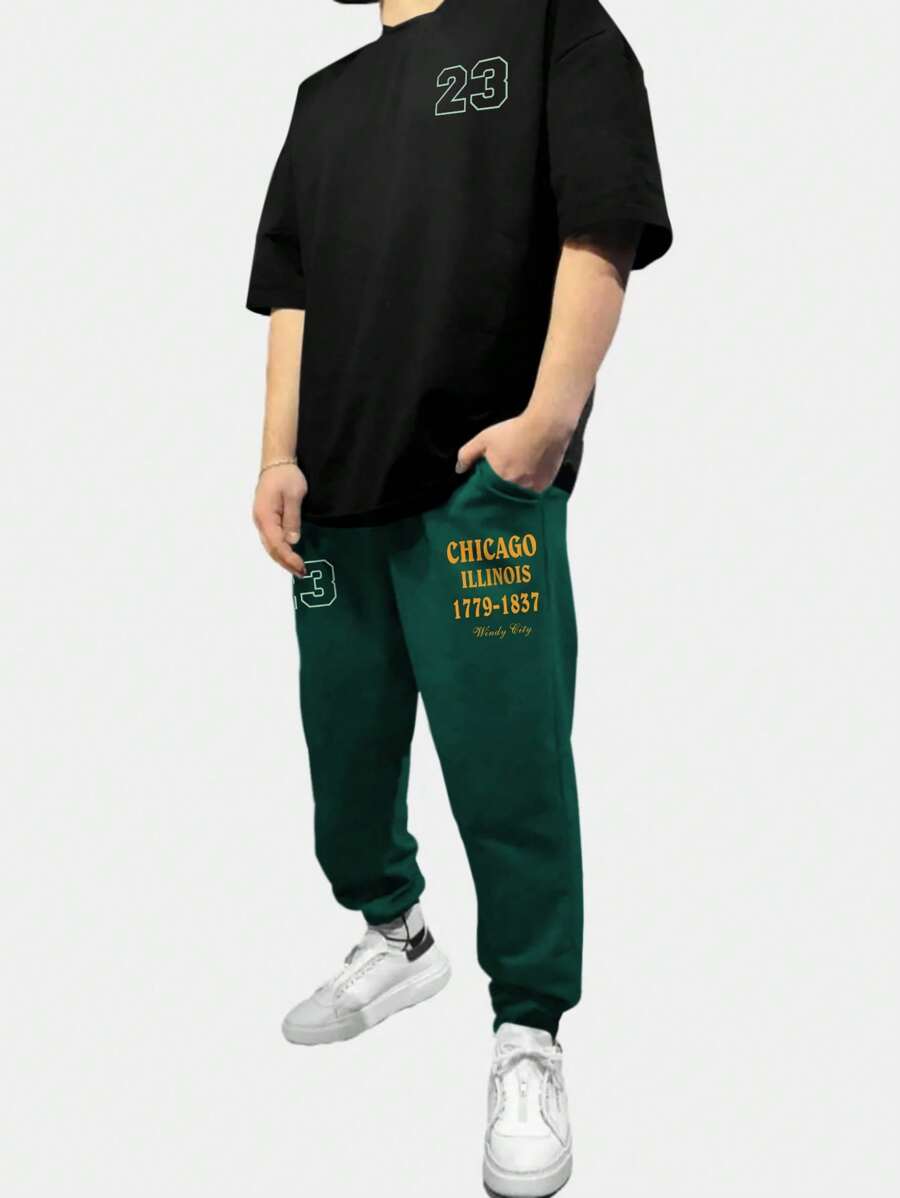 Aesthetic Post--Men Letter Graphic Tee & Drawstring Waist Sweatpants - Multicolor - View 1