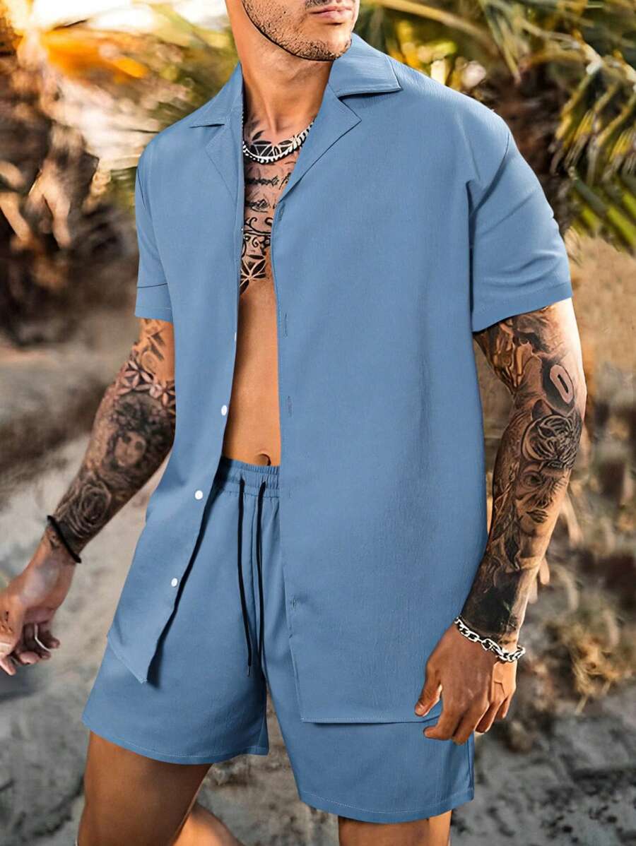 Manfinity Homme Men Solid Button Up Shirt & Drawstring Waist Shorts Without Tee - Blue - View 1