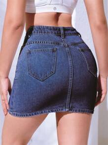 SHEIN Essnce High Waist Denim Skirt - Dark Wash - View 2