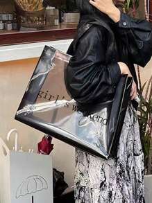 透明包，字母圖形單肩手提包雙手柄書包，適合畢業生、青少年女孩、新生、大二、初中和高中學生、大學和高中，非常適合戶外、旅行和返校 - 黑色 - 查看 2