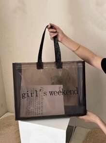 透明包，字母圖形單肩手提包雙手柄書包，適合畢業生、青少年女孩、新生、大二、初中和高中學生、大學和高中，非常適合戶外、旅行和返校 - 黑色 - 查看 8