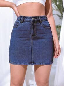 SHEIN Essnce High Waist Denim Skirt - Dark Wash - View 3