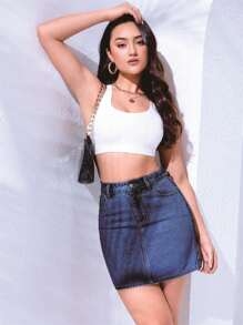 SHEIN Essnce High Waist Denim Skirt - Dark Wash - View 4