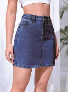 SHEIN Essnce High Waist Denim Skirt - Dark Wash - View 5