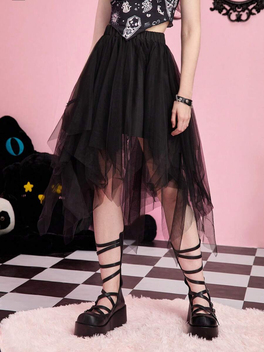 ROMWE Kawaii 網紗拼接不對稱下擺半身裙 - 黑色 - 查看 1