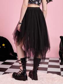ROMWE Kawaii 網紗拼接不對稱下擺半身裙 - 黑色 - 查看 2