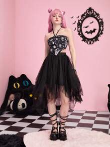 ROMWE Kawaii 網紗拼接不對稱下擺半身裙 - 黑色 - 查看 4