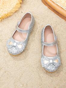 Girls Hook-and-loop Fastener Bow Decor Glitter Fashion Versatile Mary Jane Flats For Outdoor - Silver - View 1