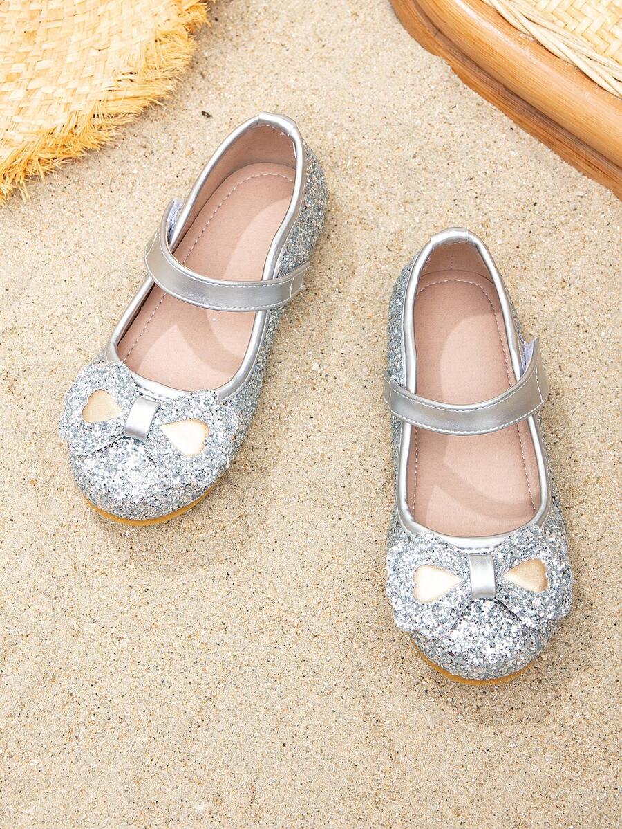 Girls Hook-and-loop Fastener Bow Decor Glitter Fashion Versatile Mary Jane Flats For Outdoor - Silver - View 1