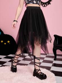 ROMWE Kawaii 網紗拼接不對稱下擺半身裙 - 黑色 - 查看 5