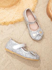 Girls Hook-and-loop Fastener Bow Decor Glitter Fashion Versatile Mary Jane Flats For Outdoor - Silver - View 2
