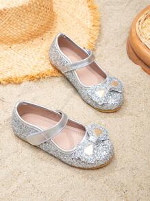 Girls Hook-and-loop Fastener Bow Decor Glitter Fashion Versatile Mary Jane Flats For Outdoor - Silver - View 4
