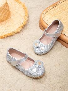 Girls Hook-and-loop Fastener Bow Decor Glitter Fashion Versatile Mary Jane Flats For Outdoor - Silver - View 5