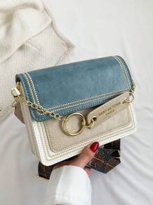 迷你翻蓋方包刺繡細節鏈條和字母貼飾 - 藍色 - 查看 1