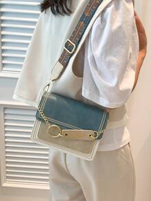 迷你翻蓋方包刺繡細節鏈條和字母貼飾 - 藍色 - 查看 7