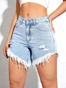 SHEIN EZwear Ripped Raw Hem Denim Shorts - Light Wash - View 4
