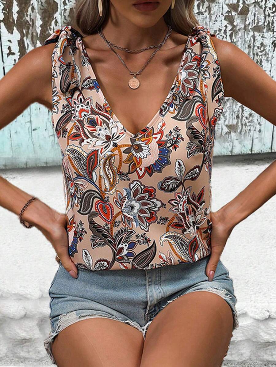 SHEIN LUNE Floral Print Knot Shoulder Blouse - Apricot - View 1