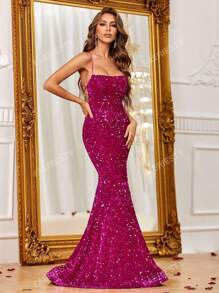 Crisscross Backless Sequin Cami Formele Jurk Elegante Prom Avond Bruiloft Gast Jurk, Voor Afstuderen, Diner