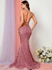Faeriesty 优雅系带露背亮片舞会礼服 - 藕粉色 - 查看 2