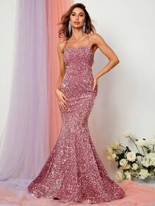 Faeriesty 优雅系带露背亮片舞会礼服 - 藕粉色 - 查看 3