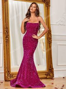 Crisscross Backless Sequin Cami Formele Jurk Elegante Prom Avond Bruiloft Gast Jurk, Voor Afstuderen, Diner