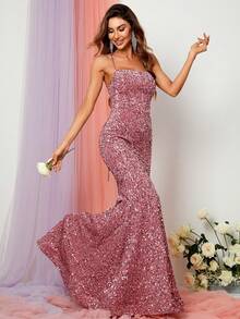 Faeriesty 优雅系带露背亮片舞会礼服 - 藕粉色 - 查看 4