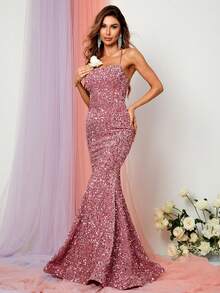 Faeriesty 优雅系带露背亮片舞会礼服 - 藕粉色 - 查看 5