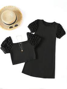 休閒純色女童連衣裙 - 黑色 - 查看 6