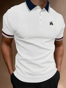 Manfinity Homme Áo thun có cổ Nam Nút phía trước Sọc Giải trí - trắng - Xem 1
