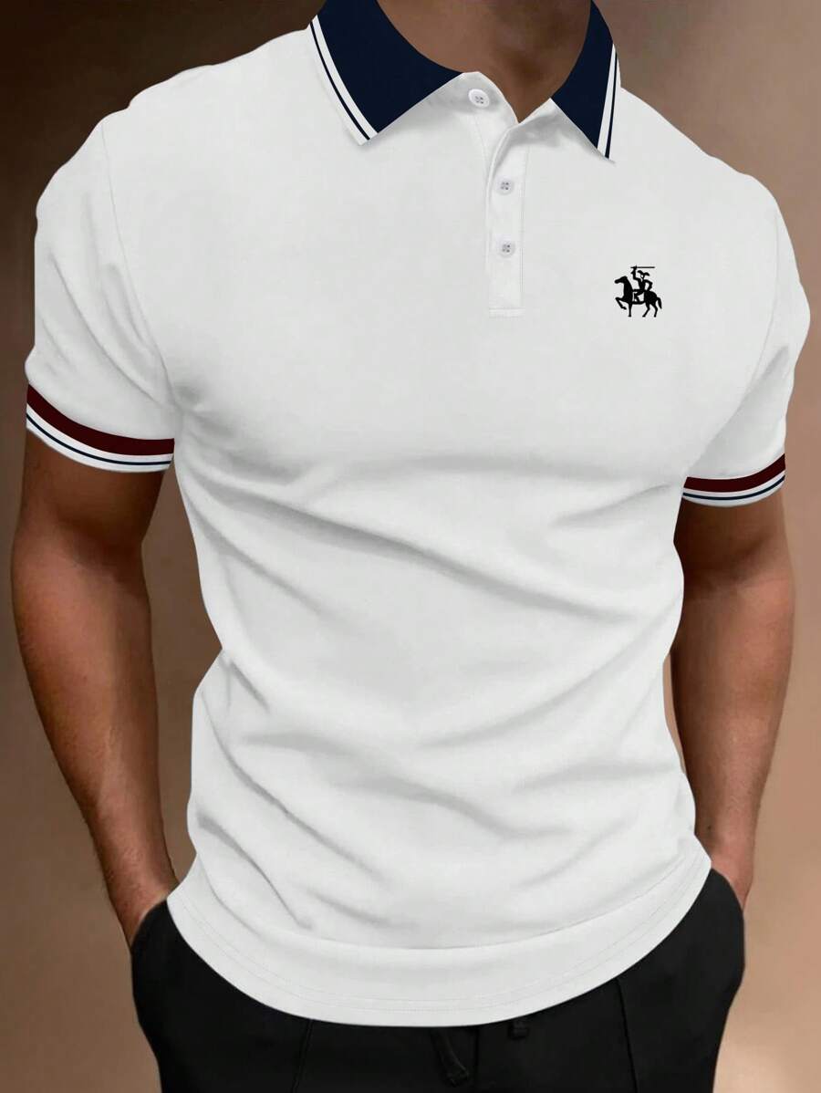 Manfinity Homme Áo thun có cổ Nam Nút phía trước Sọc Giải trí - trắng - Xem 1