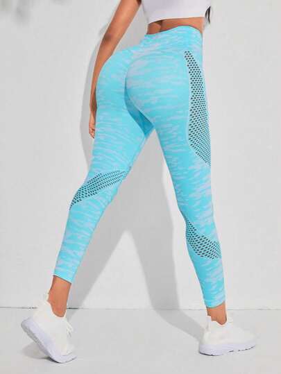 Yoga Futuristic Allover Print Wideband Waist Sports Leggings