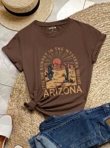 SHEIN LUNE Áo thun nữ Thực vật Slogan Giải trí - Cà phê nâu - Xem 1