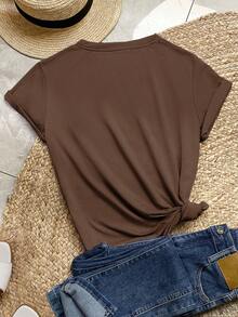 SHEIN LUNE Áo thun nữ Thực vật Slogan Giải trí - Cà phê nâu - Xem 2