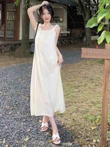 Solid Tie Shoulder Cami Dress - Apricot - View 1