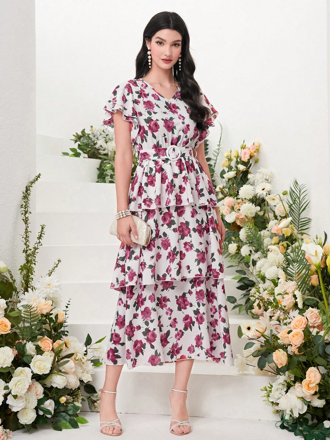 SHEIN Modely Allover Floral Print Butterfly Sleeve Layered Hem Dress