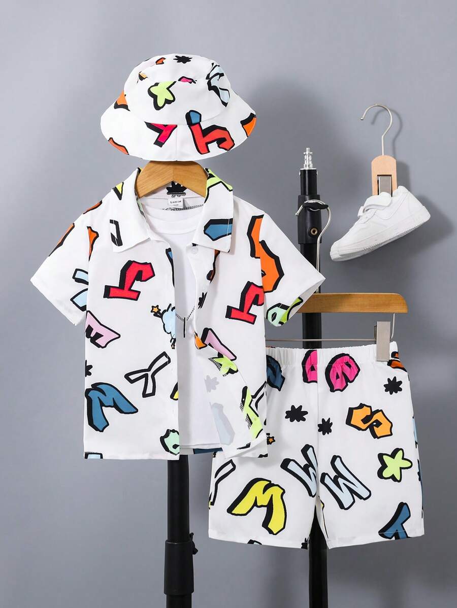 SHEIN Young Boy Letter Graphic Shirt & Shorts & Hat - White - View 1