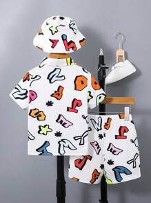 SHEIN Young Boy Letter Graphic Shirt & Shorts & Hat - White - View 2