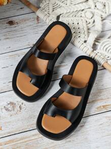 女士極簡厚底丁字褲時尚坡跟涼鞋 - 黑色 - 查看 3