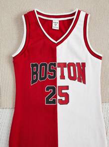 SHEIN Young Girl Letter Graphic Two Tone Tank Dress - Red and White - View 4